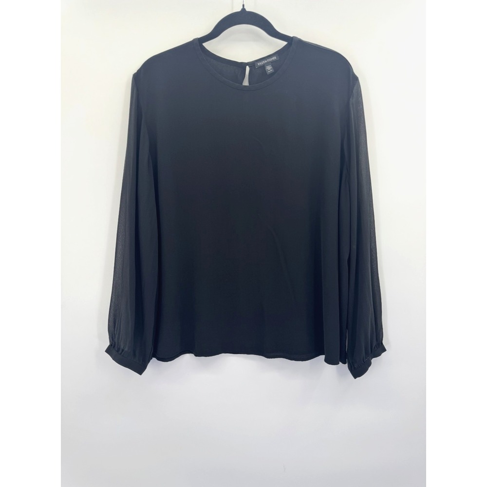 Eileen Fisher Silk Black Long Sleeve Top XL Quiet Luxury Minimalist Capsule Chic